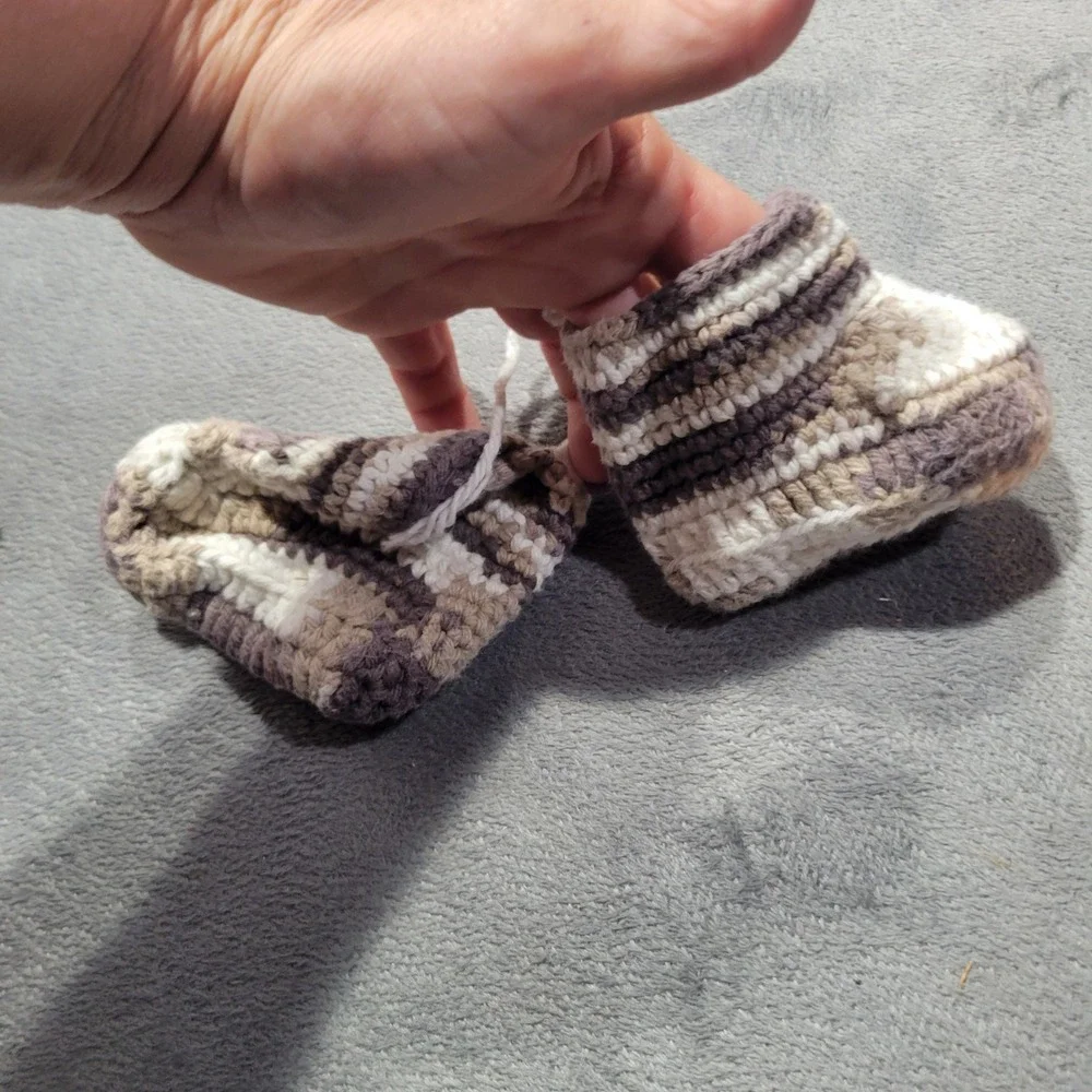 Handmade Crochet Baby Booties Unisex Infant Brown Tan White Striped Boho Soft